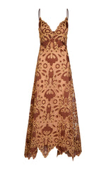 The Day Rhythms Ankle Dress by Johanna Ortiz is a sleeveless brown lace A-line midi with thin straps and a floral cutout overlay.