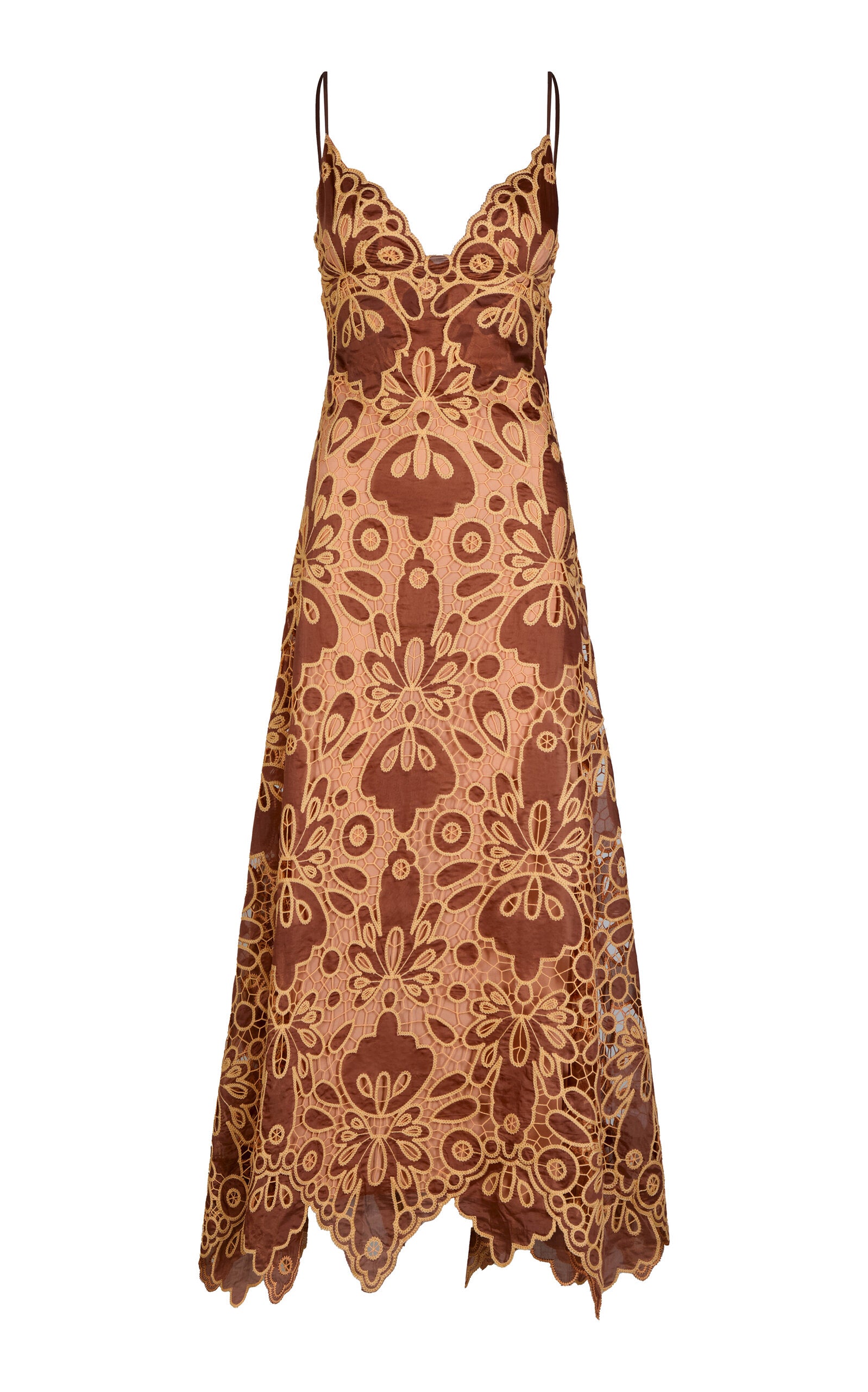 The Day Rhythms Ankle Dress by Johanna Ortiz is a sleeveless brown lace A-line midi with thin straps and a floral cutout overlay.