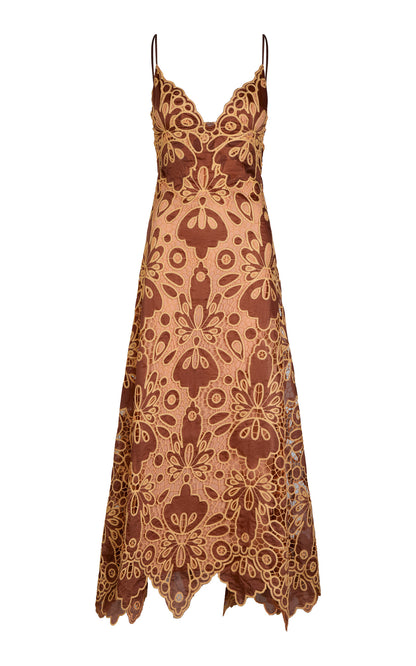 The Day Rhythms Ankle Dress by Johanna Ortiz is a sleeveless brown lace A-line midi with thin straps and a floral cutout overlay.