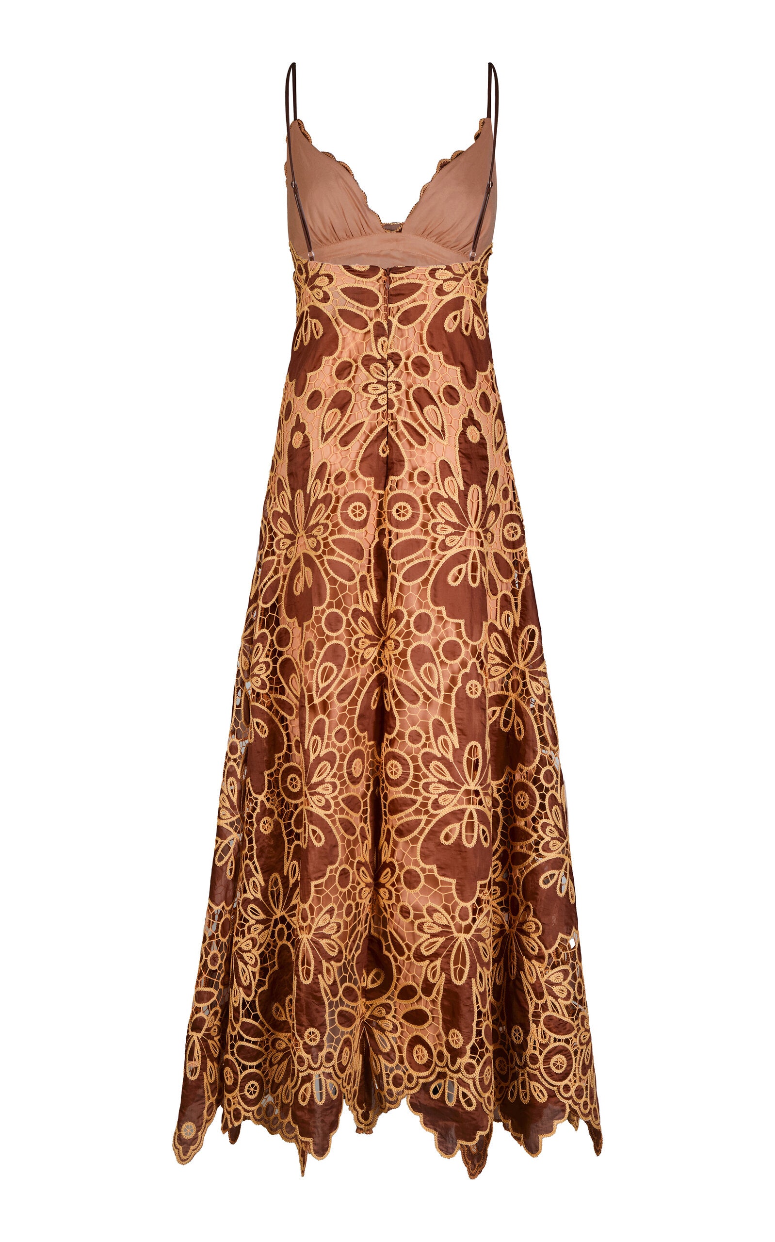 The Day Rhythms Ankle Dress by Johanna Ortiz is a sleeveless brown midi with thin straps, an A-line silhouette, and detailed gold floral embroidery.