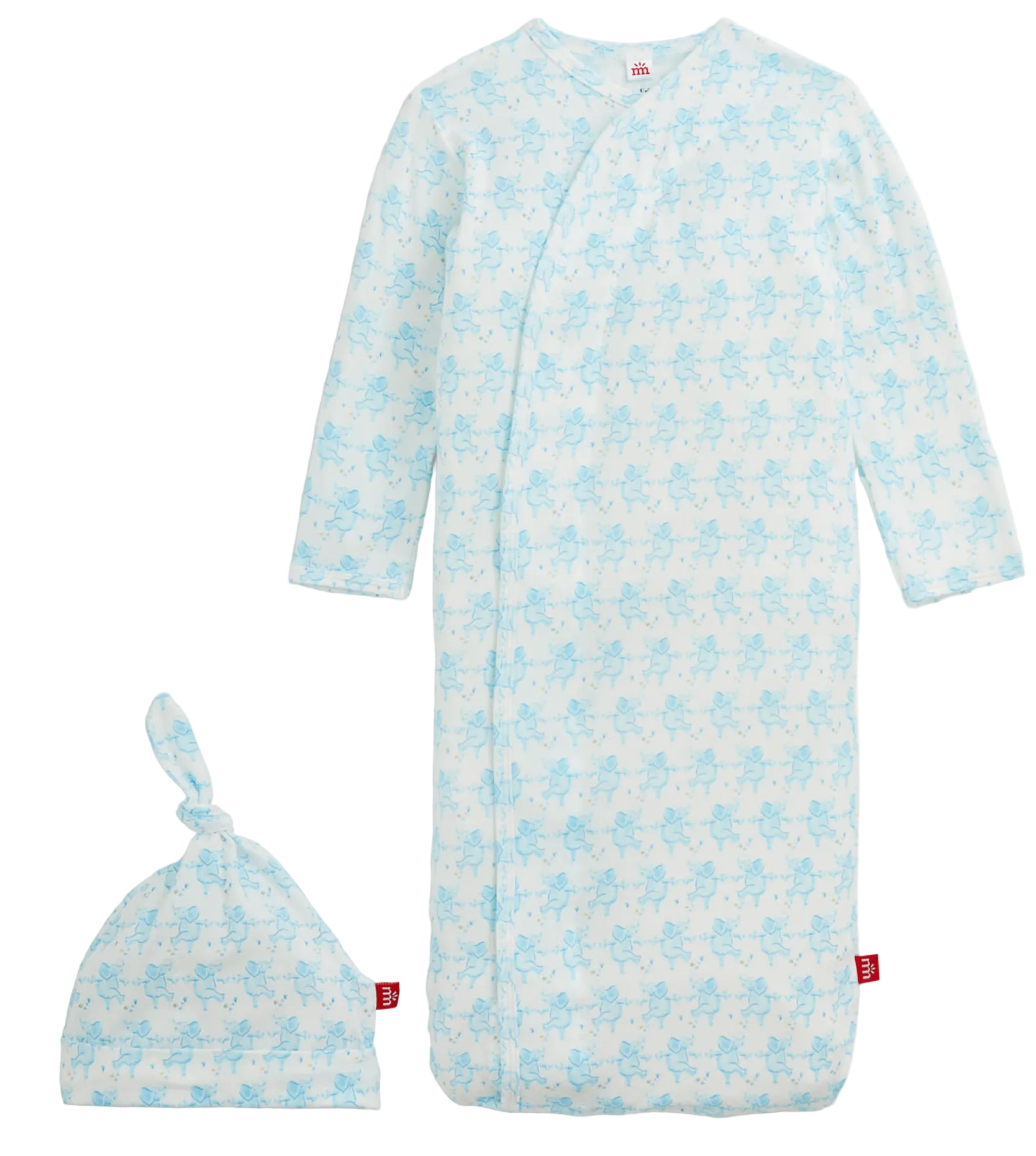 Introducing the Baby Trunkettes Modal Gown + Hat by Magnetic Me—a light blue newborn set featuring long sleeves, a matching hat, and a delicate animal print pattern. The gown is designed with a magnetic closure for effortless changing.