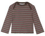 The Serendipity Baby Rib Knit Blouse is a long-sleeved top crafted from soft organic cotton, featuring horizontal stripes in pink, green, brown, and white with solid brown shoulder panels to ensure comfort for your little one.