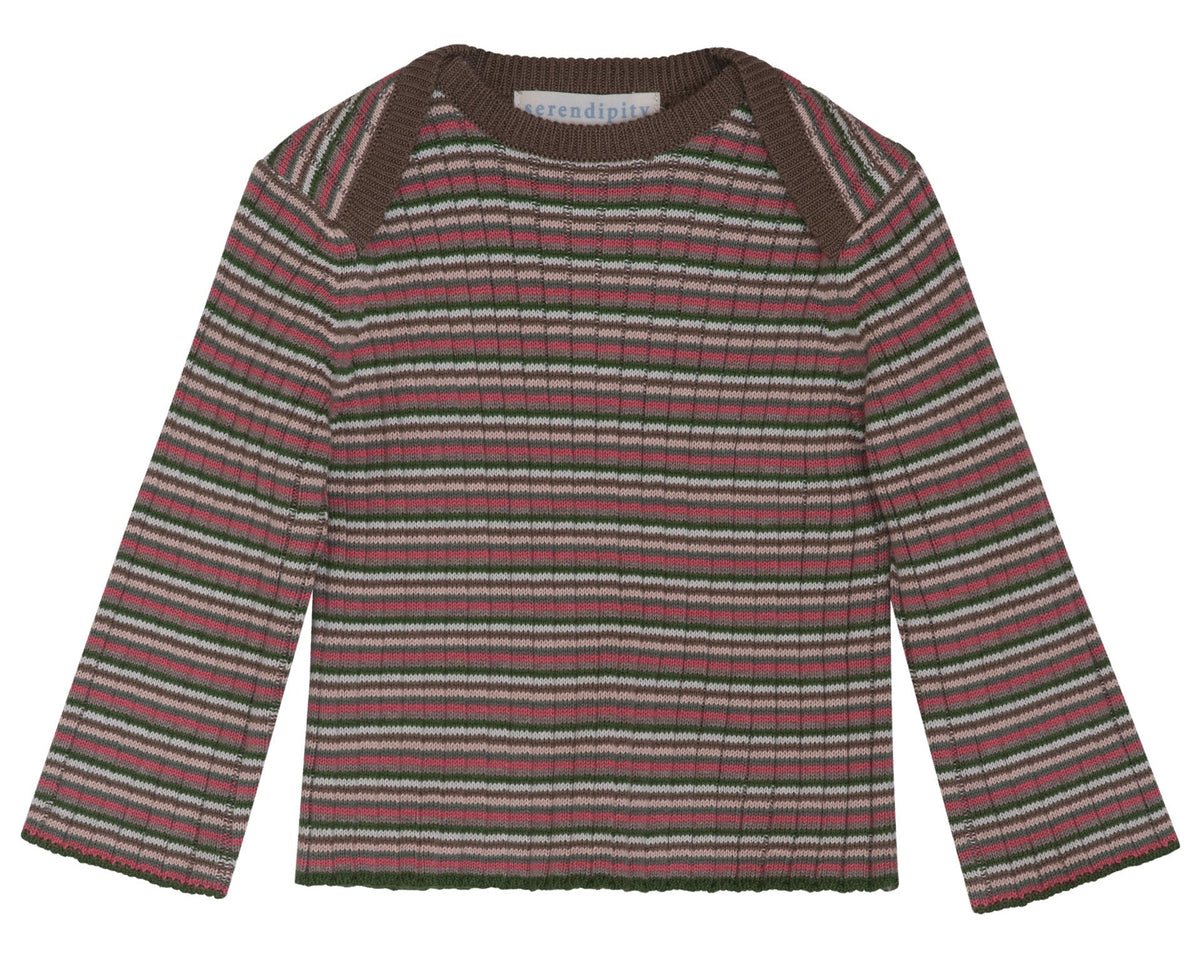The Serendipity Baby Rib Knit Blouse is a long-sleeved top crafted from soft organic cotton, featuring horizontal stripes in pink, green, brown, and white with solid brown shoulder panels to ensure comfort for your little one.