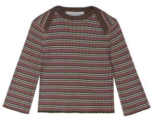 The Serendipity Baby Rib Knit Blouse is a long-sleeved top crafted from soft organic cotton, featuring horizontal stripes in pink, green, brown, and white with solid brown shoulder panels to ensure comfort for your little one.