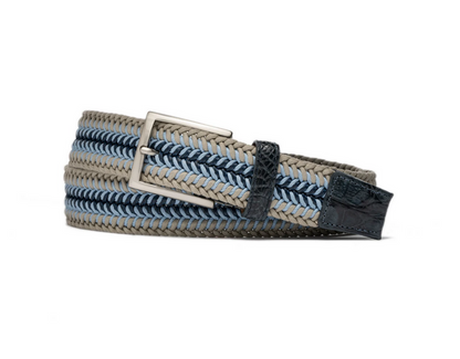 The W. Kleinberg Men's Shoreline Stretch Belt features beige, blue, and navy stripes with genuine crocodile tabs, a brushed nickel buckle, and a dark leather tip.