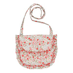 The Kidiwi Girls' Mimosa Smocked Shoulder Bag, in cherry red with floral and strawberry prints, ruffled edges, and a long strap, is an adorable children's accessory shown on a white background.