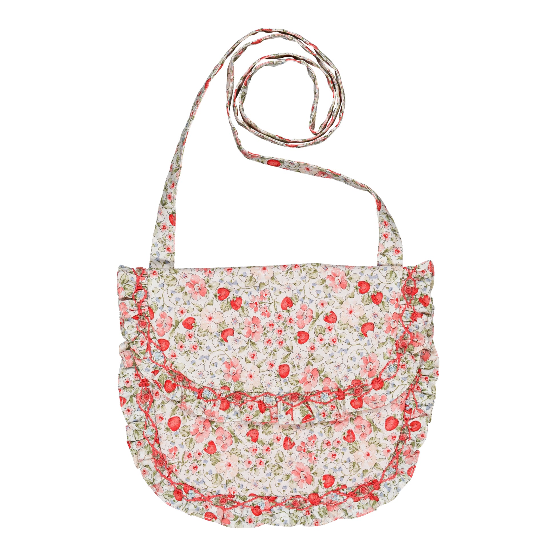 The Kidiwi Girls' Mimosa Smocked Shoulder Bag, in cherry red with floral and strawberry prints, ruffled edges, and a long strap, is an adorable children's accessory shown on a white background.