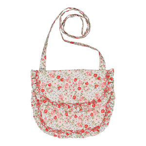 The Kidiwi Girls' Mimosa Smocked Shoulder Bag, in cherry red with floral and strawberry prints, ruffled edges, and a long strap, is an adorable children's accessory shown on a white background.