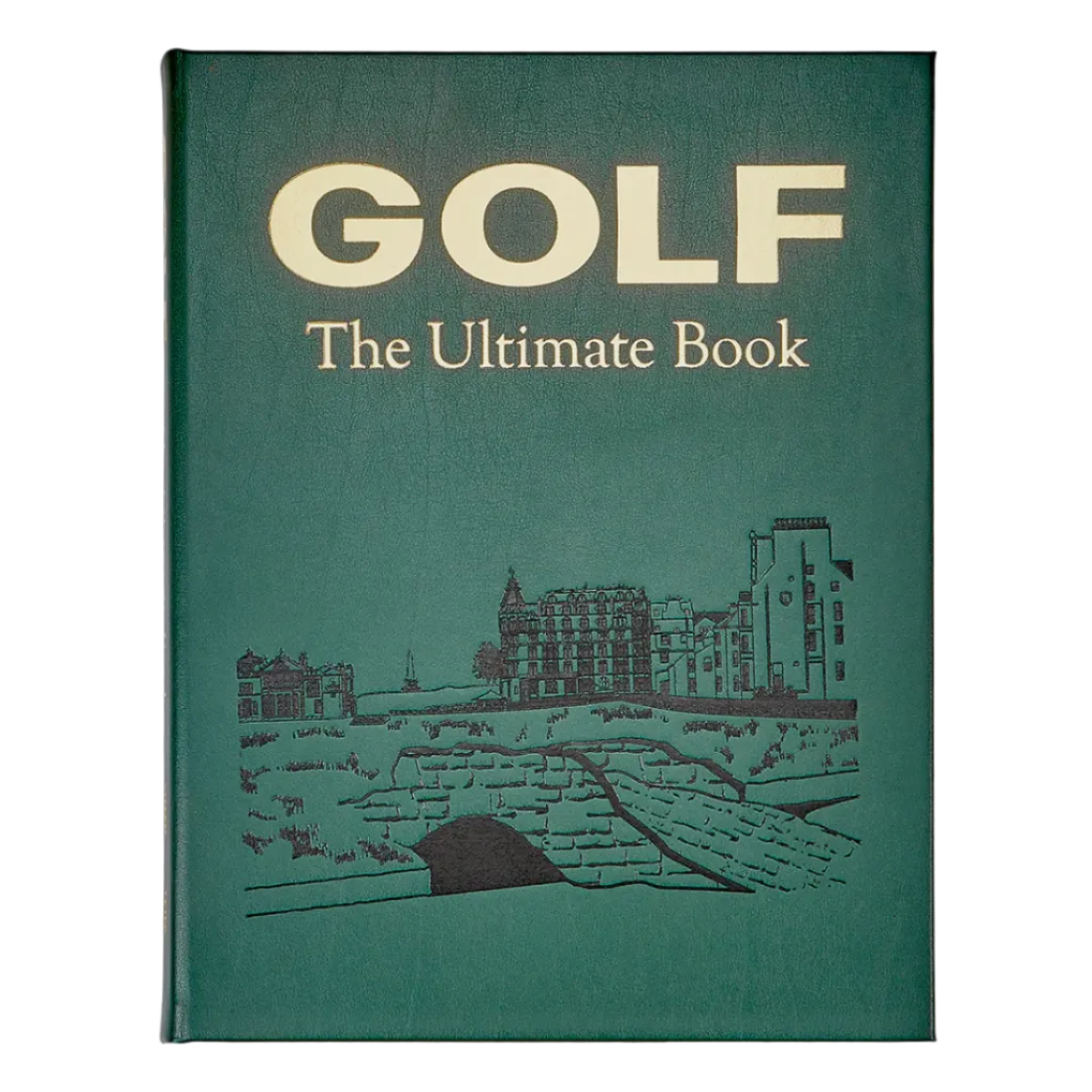 Green hardcover "Golf: The Ultimate Book" by Graphic Image features a black golf course illustration—perfect for golf enthusiasts and fans of the world’s best courses.