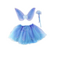 The Great Pretenders Fancy Flutter Skirt, Wings & Wand set features light blue shades with silk flower accents and glitter wings, shown on a white background.