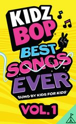 Bright and playful cover for Yoto Card: KIDZ BOP Best Songs Ever Vol. 1 from Yoto, featuring bold lettering, lively graphics, and a cheerful yellow background with music notes and a peace hand sign. Tagline: “Sung by kids for kids.” A vibrant celebration of the greatest sing-along hits every kid loves!.