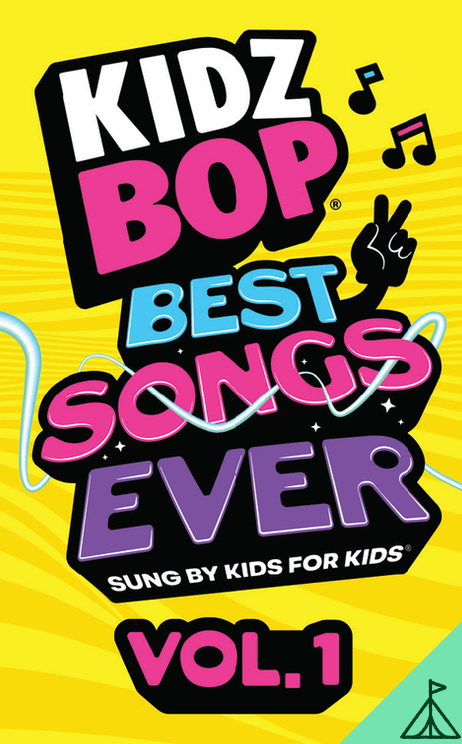 Bright and playful cover for Yoto Card: KIDZ BOP Best Songs Ever Vol. 1 from Yoto, featuring bold lettering, lively graphics, and a cheerful yellow background with music notes and a peace hand sign. Tagline: “Sung by kids for kids.” A vibrant celebration of the greatest sing-along hits every kid loves!.