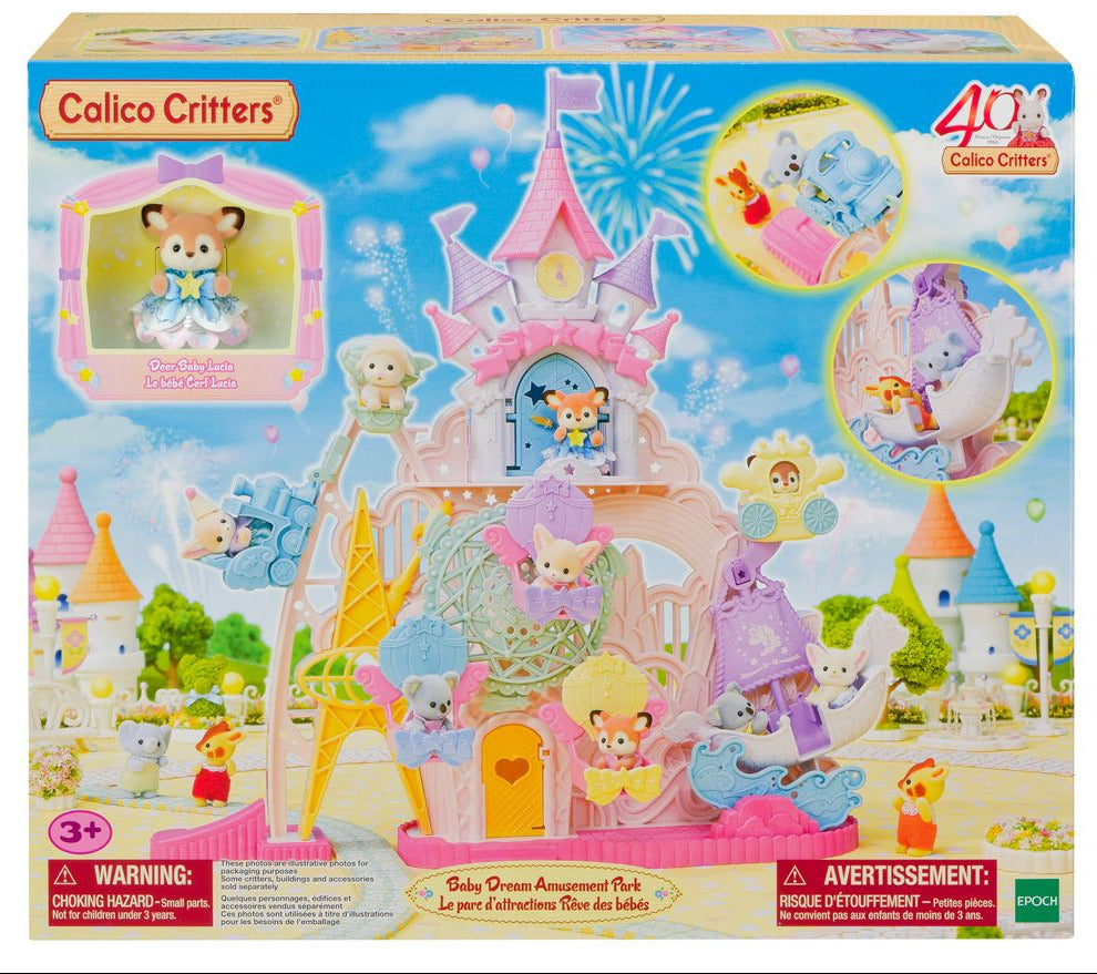 The Calico Critters Baby Dream Amusement Park is a vibrant playset packaged in a colorful box, featuring adorable animal figures and pastel-themed amusement park attractions such as a Ferris wheel and castle. Ideal for children ages 3 and up.