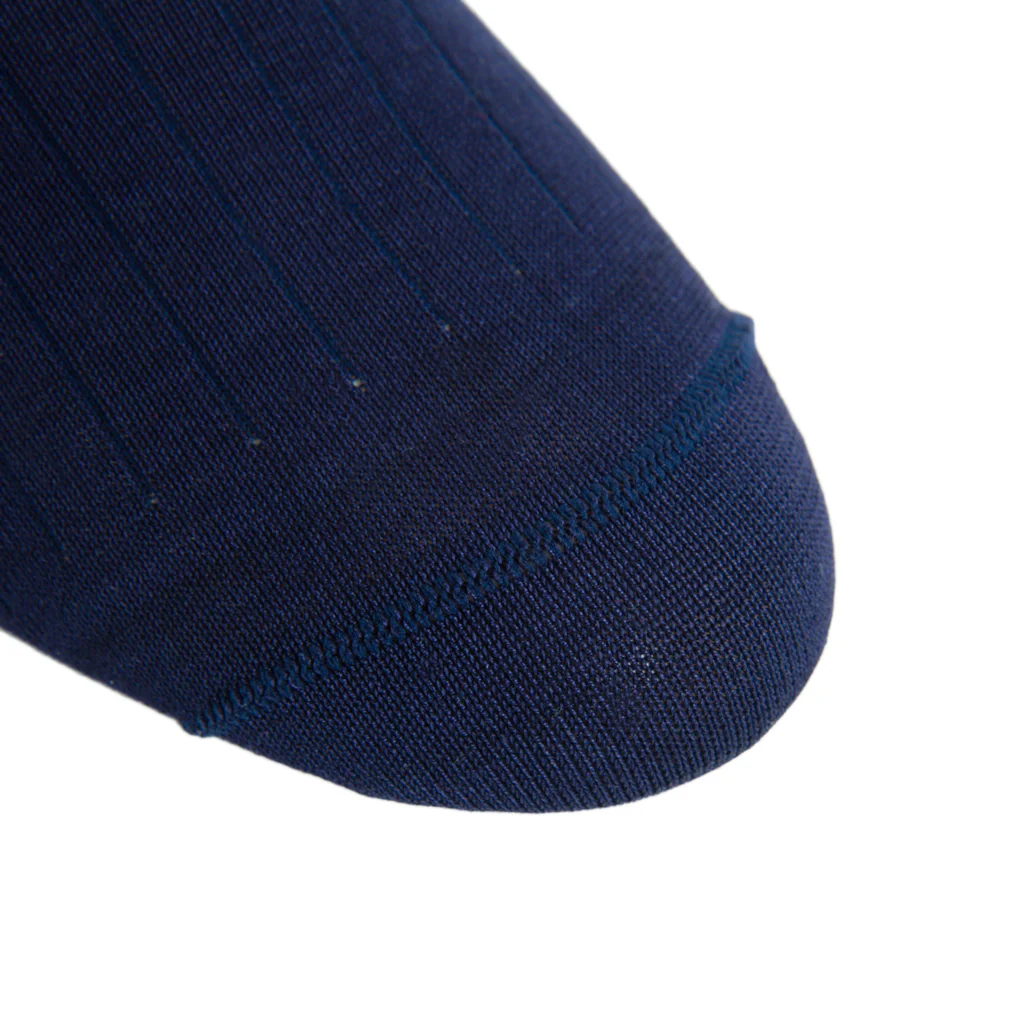 Close-up of the toe section of the Dapper Classics Classic Navy Ribbed Mid Calf Socks, highlighting the fine ribbed texture and detailed stitching.