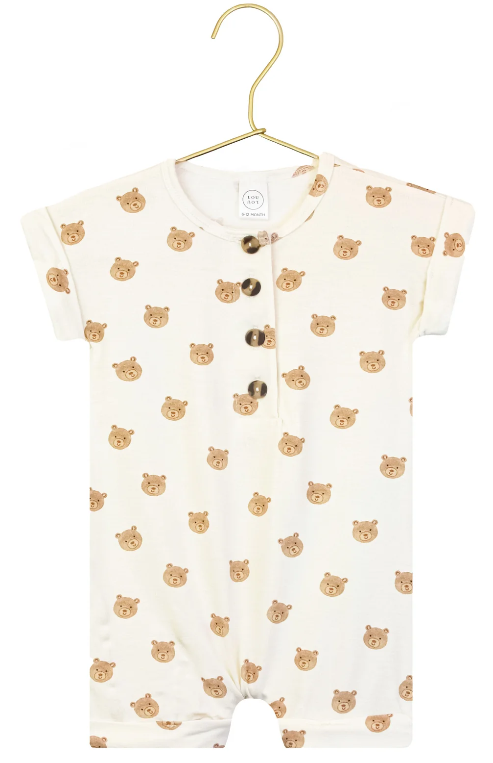 Short-sleeve, cream-colored Baby Boys’ Teddy Romper by Lou Lou & Company, featuring an adorable brown bear faces pattern and three dark buttons on the front, displayed on a gold hanger—a charming one-piece perfect for your little one’s comfort.