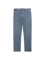 A pair of AG Jeans Everett 7 Years Sulfur jeans in grey-blue, featuring a classic five-pocket design, button closure, and slim straight legs, laid flat on a white background.
