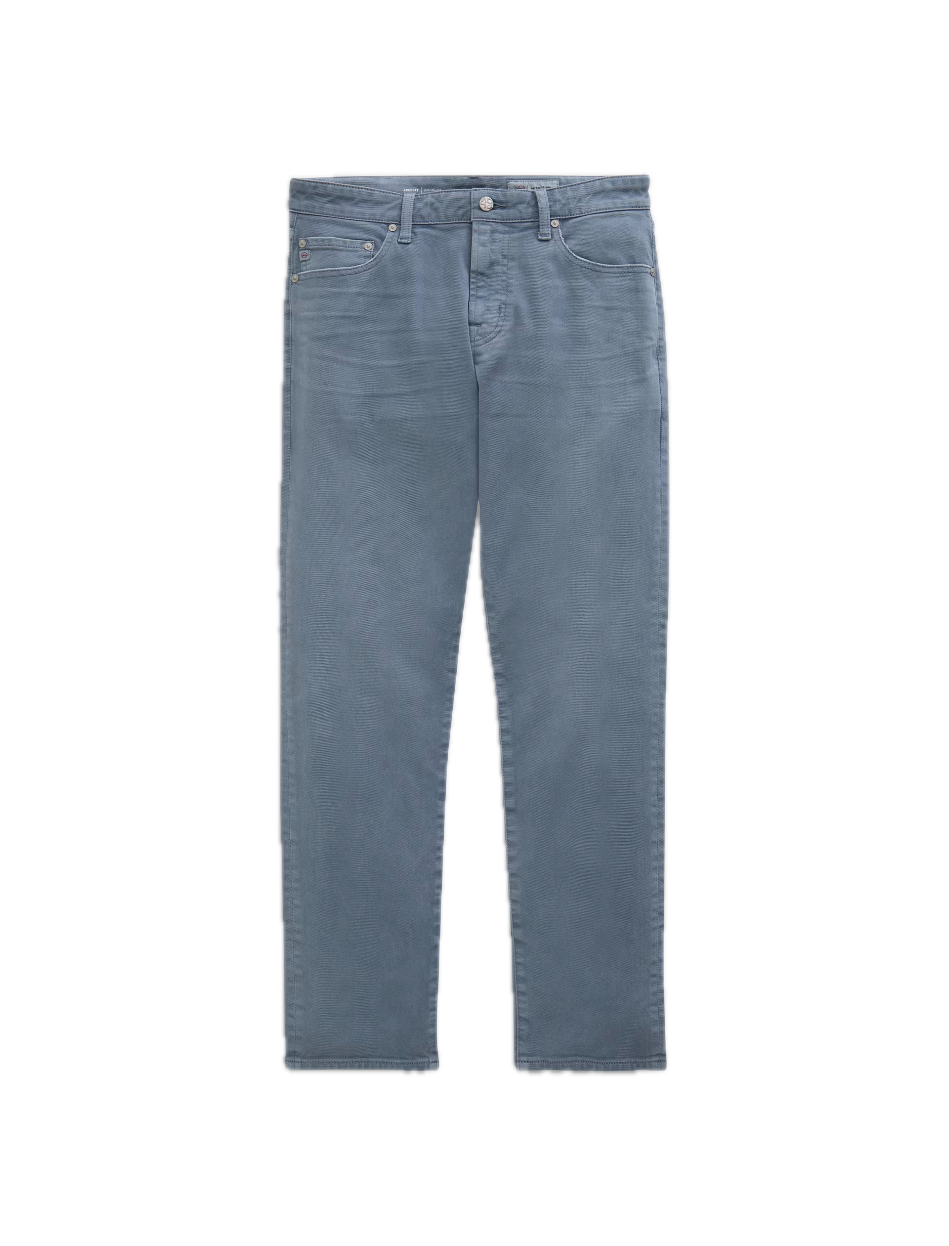 A pair of AG Jeans Everett 7 Years Sulfur jeans in grey-blue, featuring a classic five-pocket design, button closure, and slim straight legs, laid flat on a white background.