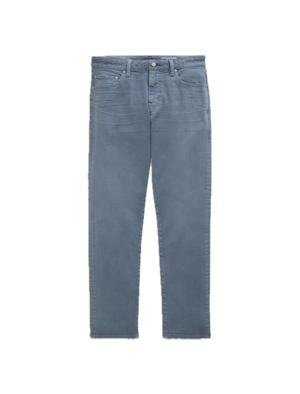 A pair of AG Jeans Everett 7 Years Sulfur jeans in grey-blue, featuring a classic five-pocket design, button closure, and slim straight legs, laid flat on a white background.