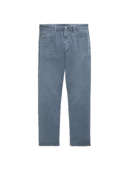 A pair of AG Jeans Everett 7 Years Sulfur jeans in grey-blue, featuring a classic five-pocket design, button closure, and slim straight legs, laid flat on a white background.