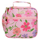 The Beaufort Bonnet Company’s Leighton Lunch Box in pink features a floral pattern in green, red, and purple, plus a front zipper pocket, side pocket, and top handle—a stylish lunchbox for kids.