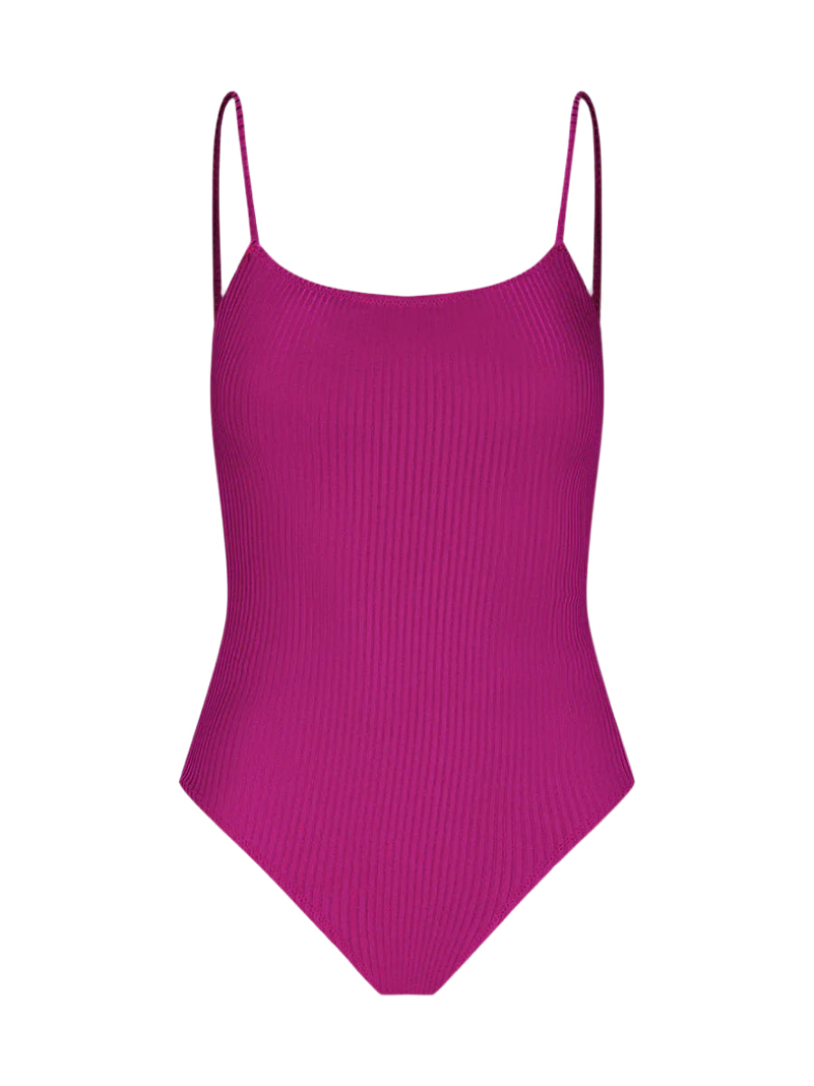 The lemlem Elene One Piece by Lemlem is a classic purple ribbed swimsuit with an interior shelf bra and adjustable spaghetti straps for a personalized fit, shown from the front.