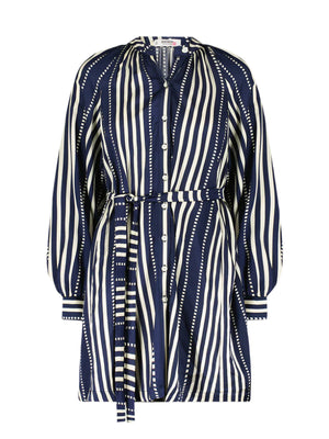 The Lemlem Meaza Dress by Lemlem is a long-sleeve, blue and white striped dress featuring a tailored fit, button-down front, and matching waist belt.