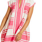 The Lemlem Elina Caftan is a short-sleeve, white cover-up dress with bright pink stripes, a deep V neckline, loose fit, and frayed hem—perfect for effortless style.