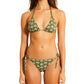 A person is wearing the Lemlem Malia Top and Rekka Bottom Bikini, featuring a green base with a white leaf pattern, adjustable string ties, and a triangular bikini top, shown from the front.