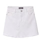 The DL1961 Girls' Jenny Denim Mini Skirt features a white wash, raw hem, front pockets, belt loops, and button closure, displayed against a plain background.