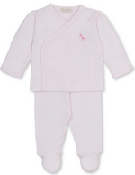 The Kissy Kissy Baby SCE Jungle Hang Out Striped Footed Pant Set is a light pink two-piece baby outfit featuring a long-sleeve wrap top with a small embroidered sheep on the chest and matching footed pants.