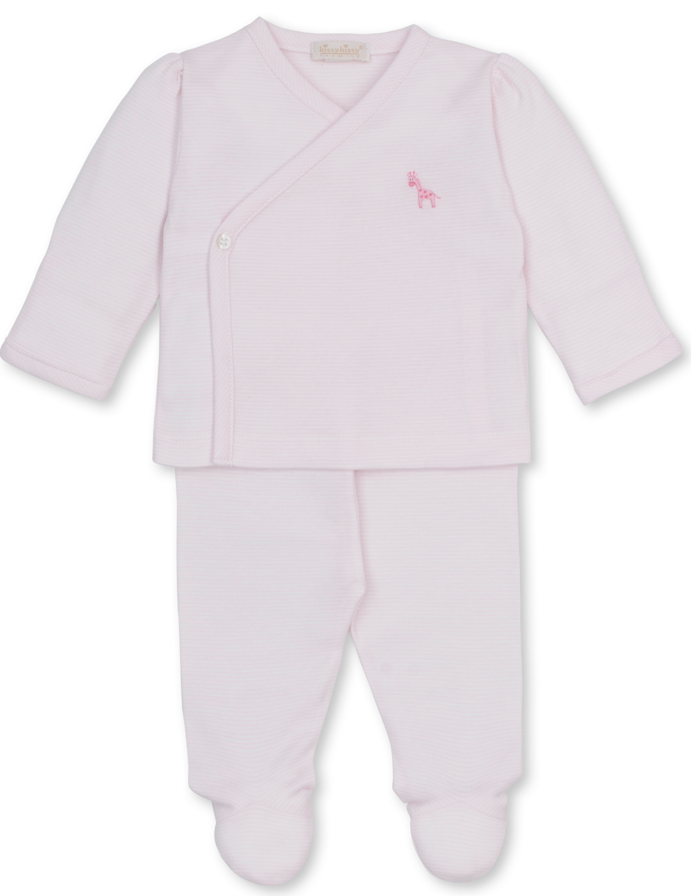 The Kissy Kissy Baby SCE Jungle Hang Out Striped Footed Pant Set is a light pink two-piece baby outfit featuring a long-sleeve wrap top with a small embroidered sheep on the chest and matching footed pants.