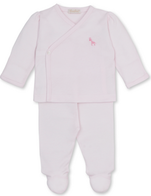 The Kissy Kissy Baby SCE Jungle Hang Out Striped Footed Pant Set is a light pink two-piece baby outfit featuring a long-sleeve wrap top with a small embroidered sheep on the chest and matching footed pants.