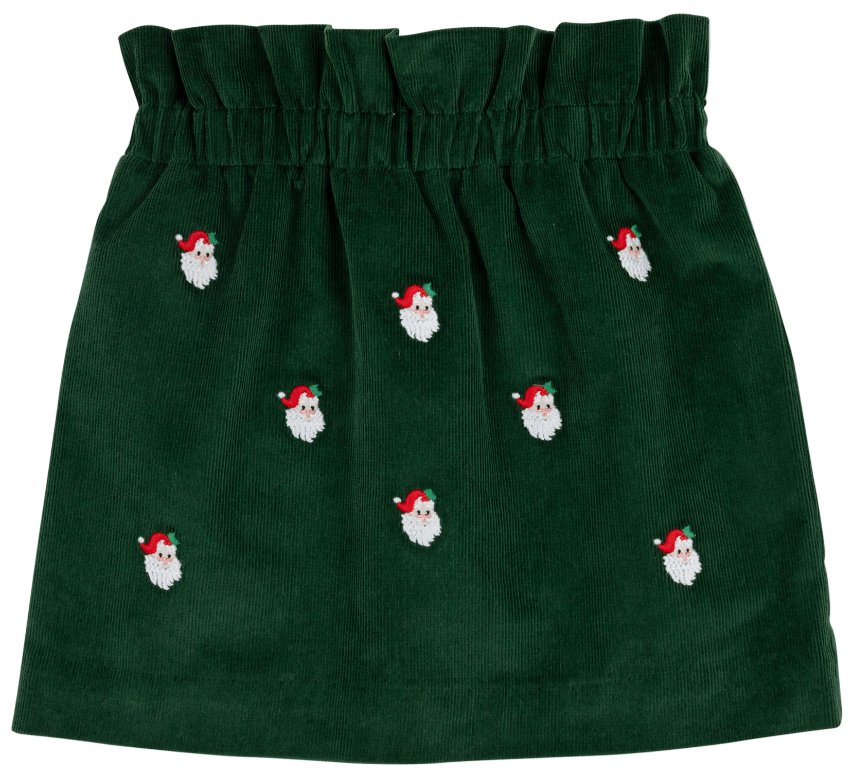 The Beaufort Bonnet Company Girls' Critter Beasley Bag Skirt features dark green corduroy with a ruffled waistband and scattered embroidered Santa faces—perfect as a festive holiday skirt.