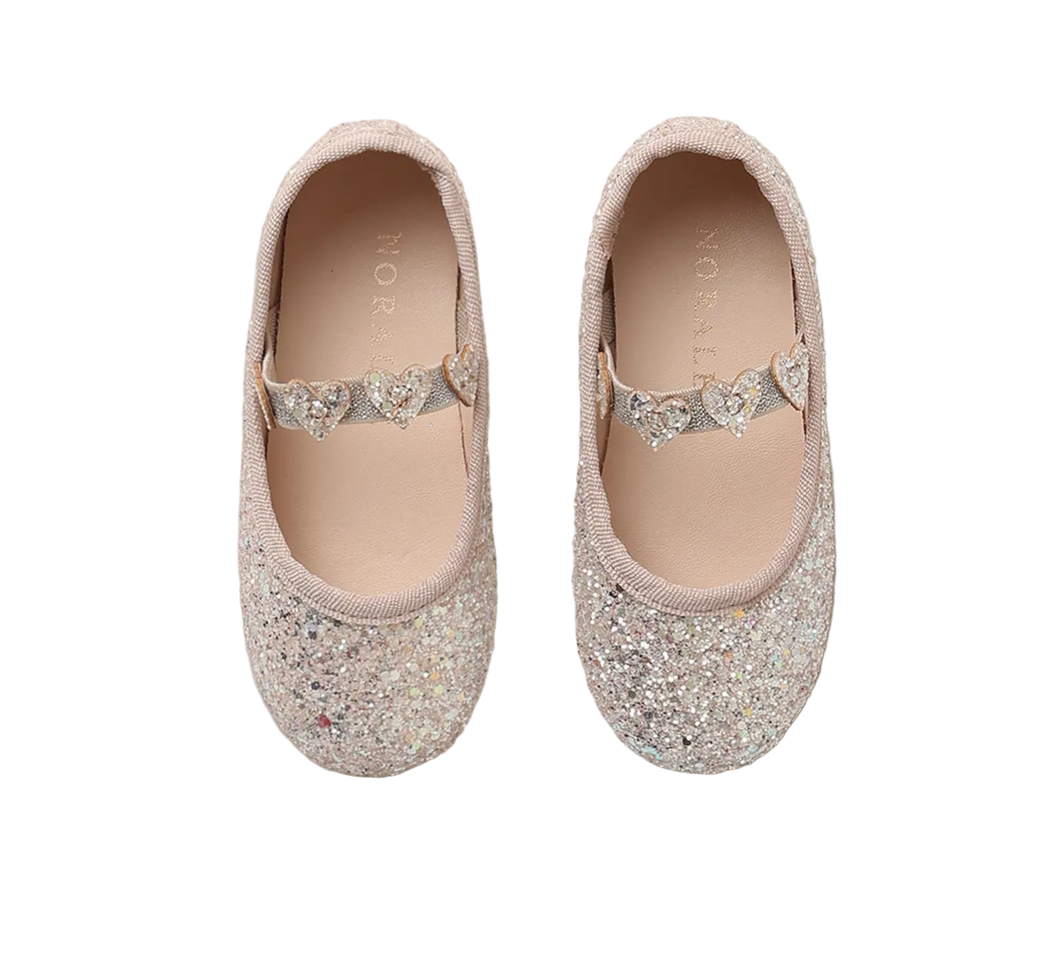 Noralee Girls' Ballet Flats feature glitter-covered uppers, heart accents, and elastic straps for a secure fit, shown in a top-down view.