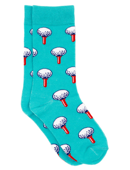 The Boys' Lucky Duck Socks by Properly Tied are stylish turquoise dress socks featuring a playful design of golf balls on tees.