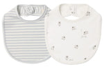 The Quincy Mae Jersey Snap Bib, 2-Pack includes two soft brushed jersey bibs: one in blue and white stripes, and the other with a white background adorned with sheep illustrations—both featuring convenient back neck snap closures.