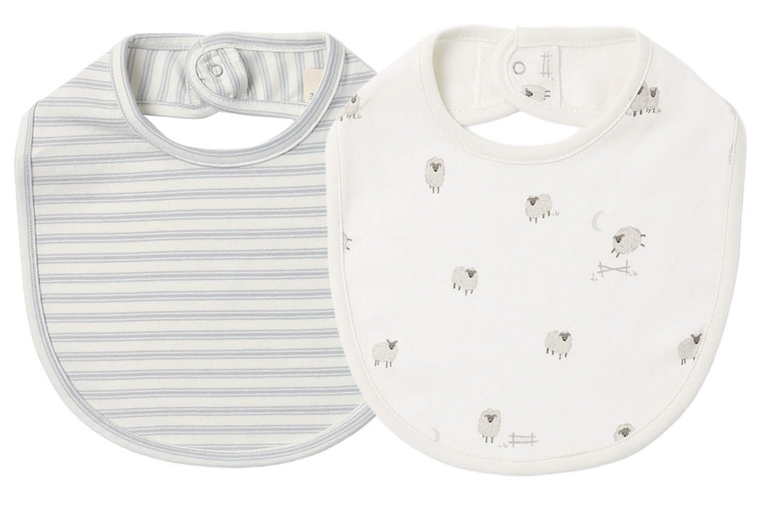 The Quincy Mae Jersey Snap Bib, 2-Pack includes two soft brushed jersey bibs: one in blue and white stripes, and the other with a white background adorned with sheep illustrations—both featuring convenient back neck snap closures.