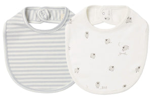 The Quincy Mae Jersey Snap Bib, 2-Pack includes two soft brushed jersey bibs: one in blue and white stripes, and the other with a white background adorned with sheep illustrations—both featuring convenient back neck snap closures.