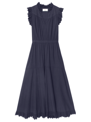 The Britta Dress by Xirena is a sleeveless navy cotton poplin dress featuring ruffle details at the collar and hem, cap sleeves, a gathered waist, and a V-neckline.