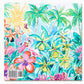 A vibrant, Life and Lilly: A Palm Beach Adventure-themed watercolor illustration featuring lush green palm trees, a variety of colorful flowers, and a bright sun in the background published by Little Coconut Publication.