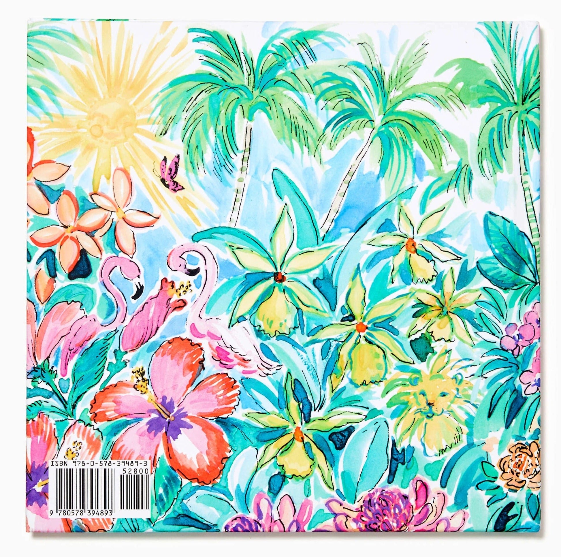 A vibrant, Life and Lilly: A Palm Beach Adventure-themed watercolor illustration featuring lush green palm trees, a variety of colorful flowers, and a bright sun in the background published by Little Coconut Publication.