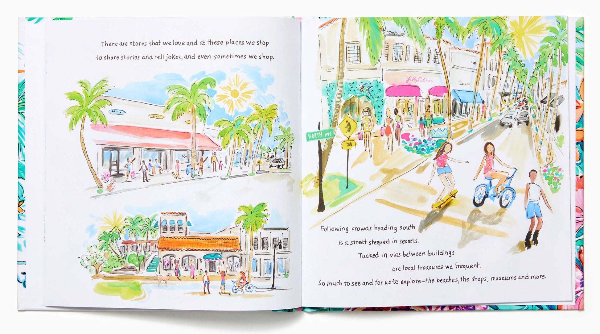 An open book with colorful Life and Lilly: A Palm Beach Adventure illustrations of a sunny Palm Beach street scene featuring buildings, palm trees, and people walking and cycling. There is text on both pages describing the vibrancy of a street. (Brand Name: Little Coconut Publication)