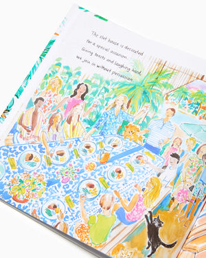 An illustrated page from Life and Lilly: A Palm Beach Adventure by Little Coconut Publication, showing a vibrant and colorful gathering of people having a festive outdoor meal surrounded by tropical plants, all in the distinctive Lilly Pulitzer style.