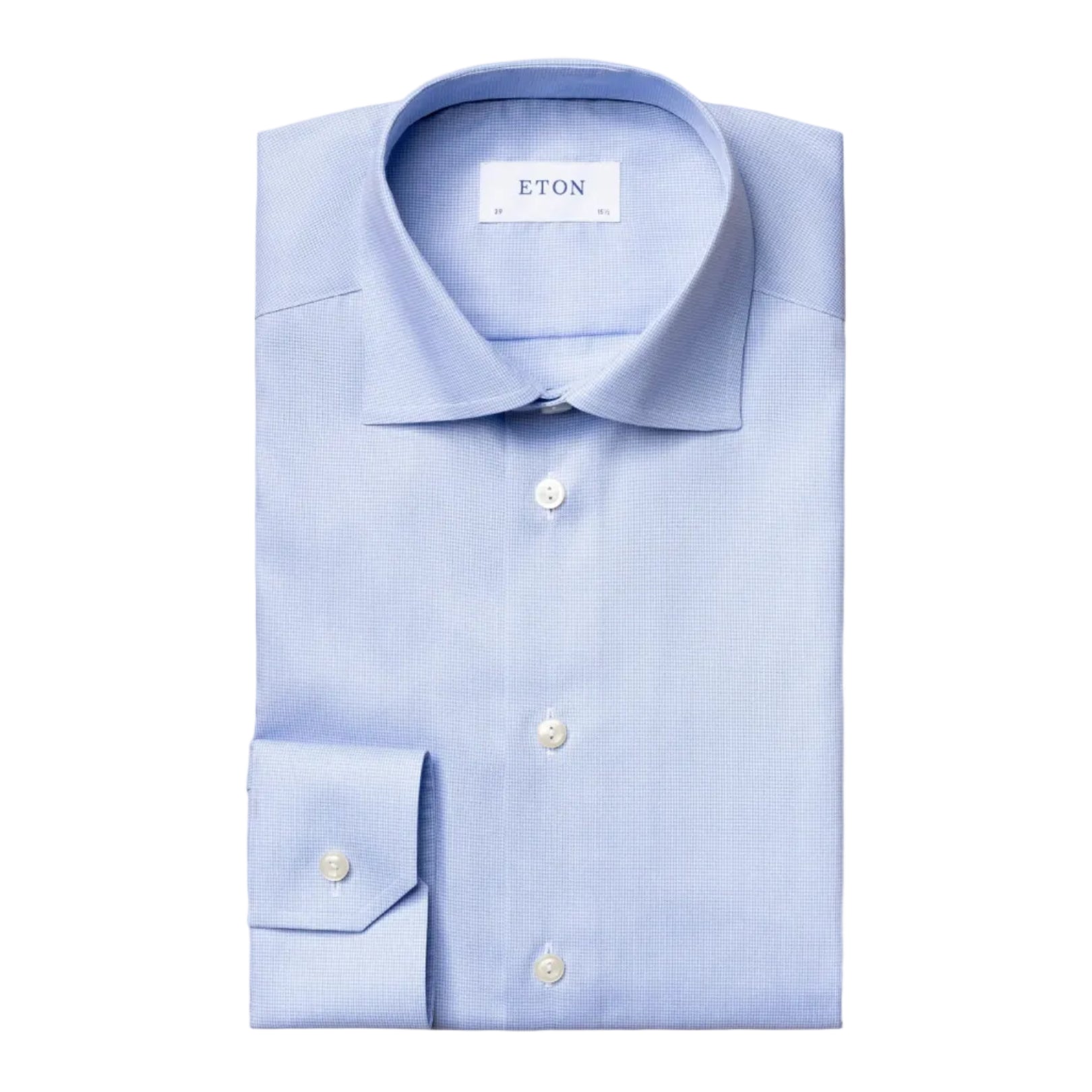 A neatly folded Contemporary Houndstooth Fine Twill Shirt by Eton, featuring white buttons and a visible Eton brand label, displayed on a white background.
