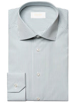 A folded grey and white Bengal stripe button-up dress shirt, crafted from luxurious organic Supima cotton, labeled "Eton" inside the collar.