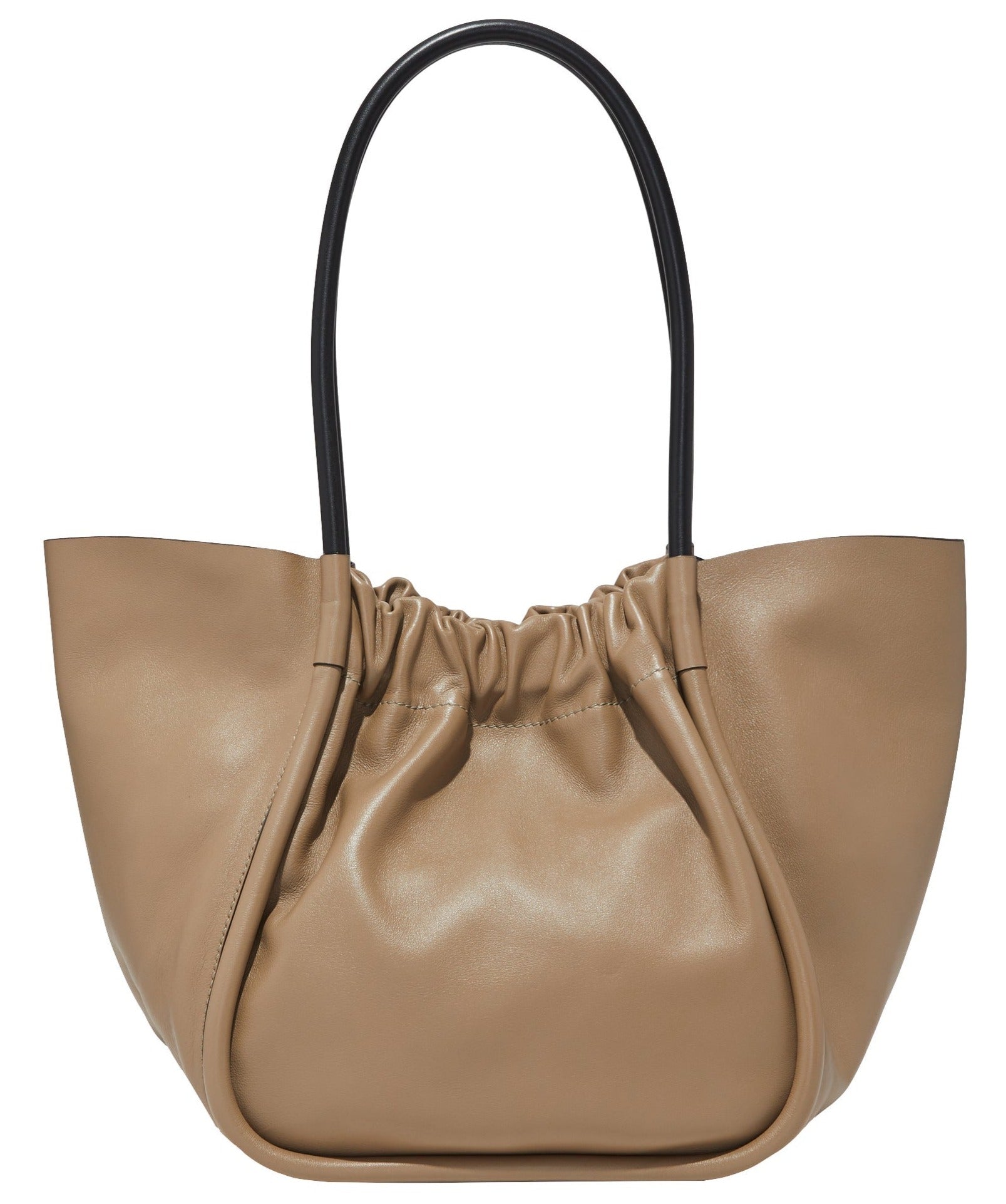 Beige Proenza Schouler Large Ruched Tote with gathered design and black handles, isolated on a white background.