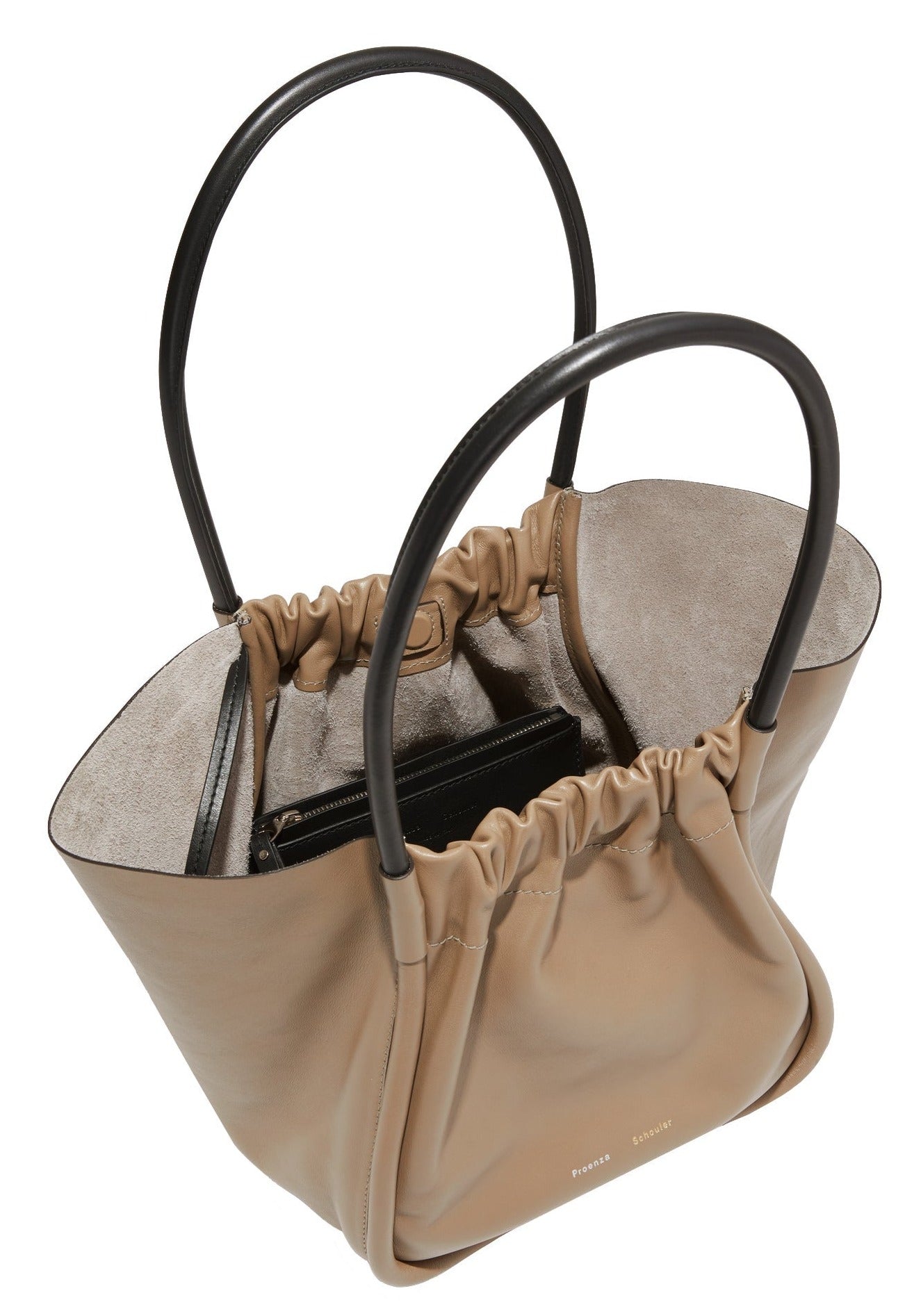 Beige Proenza Schouler Large Ruched Tote with black handles, an open top, and a visible inner pouch, photographed on a white background.