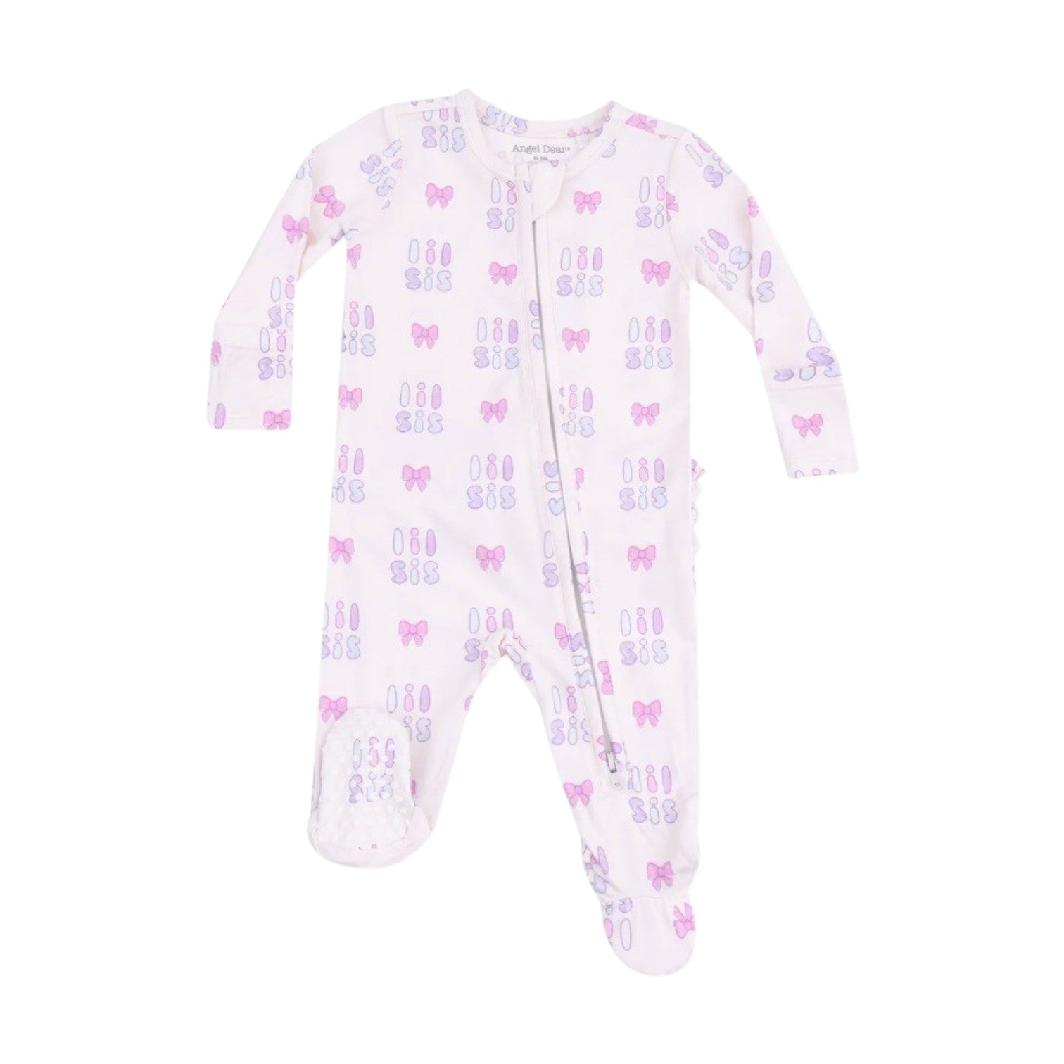 The Angel Dear Baby Girls' 2-Way Zipper Ruffle Back Footie is a white, long-sleeve onesie with purple and pink bow and shoe print, front zipper, and soft bamboo fabric for extra comfort.