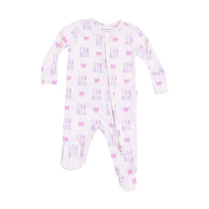 The Angel Dear Baby Girls' 2-Way Zipper Ruffle Back Footie is a white, long-sleeve onesie with purple and pink bow and shoe print, front zipper, and soft bamboo fabric for extra comfort.