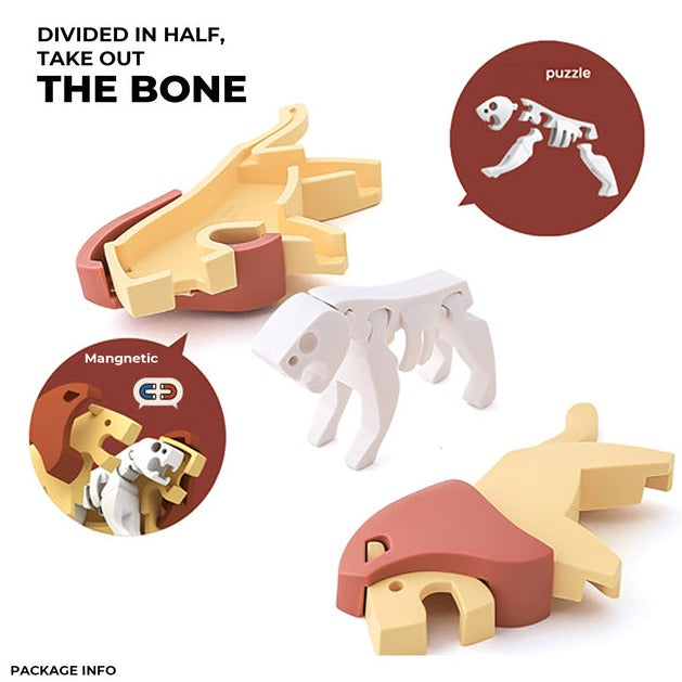 Halftoys Safari Friends magnetic puzzle toy shaped like a dog with removable bone; consists of interlocking parts that assemble to form a complete animal skeleton puzzle.